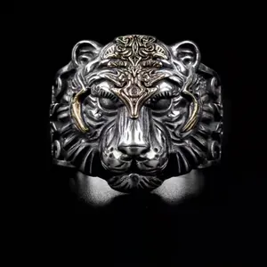 Retro tiger head ring in antique silver and gold finish with adjustable open band for men