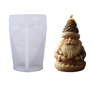 DIY Santa Claus silicone mold for Christmas candles showing mold and finished pinecone gnome