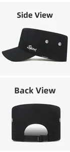 Detail view of adjustable black flat top military cap with metal Sport logo and eyelets