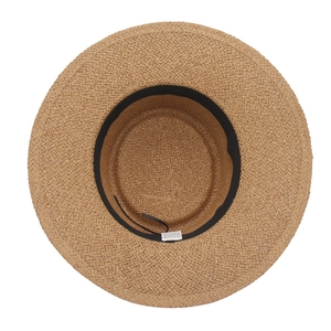 Detail view of woven straw hat interior featuring black sweatband and adjustable drawstring