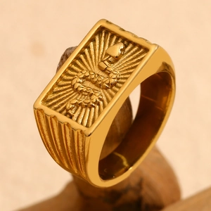 18K gold plated stainless steel square signet ring with snake engraving and sunburst texture