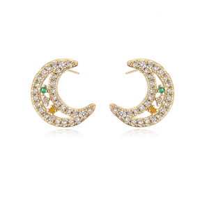 Macro detail of moon stud earring with 18K gold plating, pavé zircons and colorful gemstones