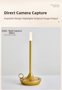 Detail of minimalist gold LED lamp showing the charging port and round base stand