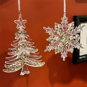 Acrylic Christmas tree and snowflake ornaments with champagne gold sequins for holiday decor