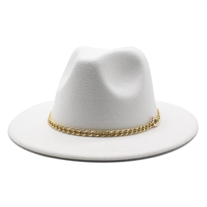 Detailed view of elegant white wool felt fedora hat with a stylish gold chain band