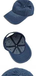 Detail of internal structure of a navy blue washed cotton denim baseball cap with sweatband