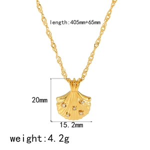 18k gold shell pendant necklace with size details and technical specifications