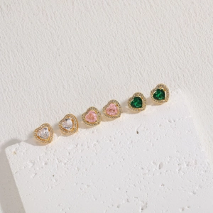 Elegant heart zircon stud earrings in gold finish with pink, white and green gemstones