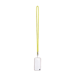 Detailed view of neon yellow woven phone lanyard with clear transparent protective case