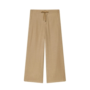 Women's khaki drawstring wide-leg pants with textured fabric in a casual loose fit style