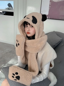 Detail of plush panda 3-in-1 hooded scarf with gloves in beige featuring cute ear details