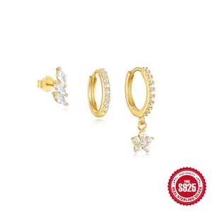 Classic S925 sterling silver gold plated evil eye and lightning bolt earring set with zircons