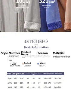Detailed size chart for coral fleece robes showing dimensions for SM, LXL, and XXXL sizes