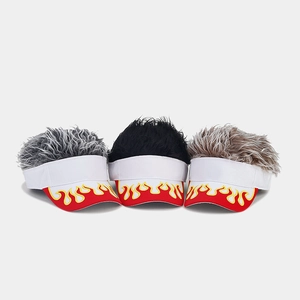 Detailed front view of three baseball caps with flame embroidery and fun hair extensions