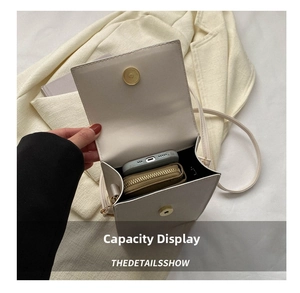 Detailed interior of a beige square crossbody bag showing capacity for a wallet and phone