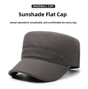 Detail of grey flat top military cap with SPIRIT embroidery and fine cotton stitching