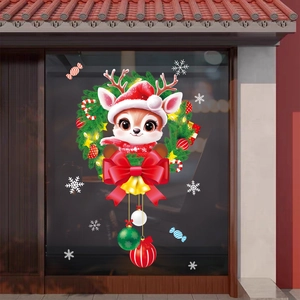 Close-up of Santa Claus window stickers featuring cartoon deer, wreaths and gold bells