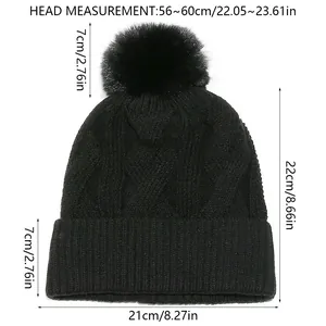 Detailed size chart for winter cable knit beanie with pom-pom and dimensions