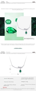 Detail view of bow knot S925 silver necklace with pear cut lab emerald and dimensions