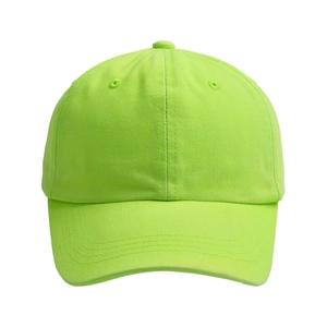 Detailed front view of a neon green cotton baseball cap with reinforced stitching