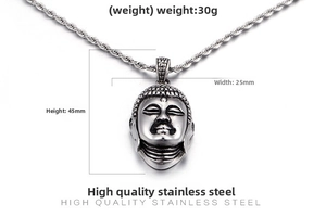 Detailed view of Buddha head pendant with 45mm height and 25mm width specifications