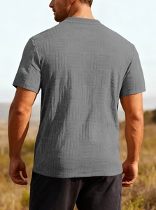 Detailed back view of a grey slim-fit men's T-shirt with textured checkerboard fabric