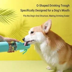 Portable pet water bottle with O-shaped drinking trough for dogs in bright outdoor setting