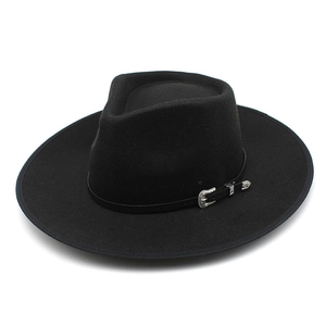 Vintage Wide Brim Fedora Hat Woolen Felt Jazz Cap With Engraved Buckle Belt Retro Western Cowboy Style Unisex