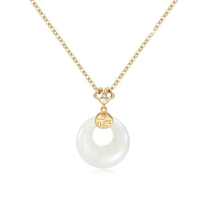 Luxurious titanium steel gold necklace with white jade ping an kou pendant and fu charm