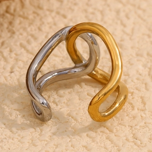 Two-tone 18K gold plated stainless steel double layer twisted wave open ring for women