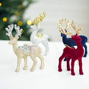 Glitter and flocked Christmas reindeer ornaments for tree hanging decorations