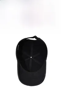 Detail of internal six-panel structure and breathable eyelets on black cotton baseball cap