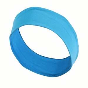 Detail view of a blue elastic sports headband with soft moisture-wicking fabric texture