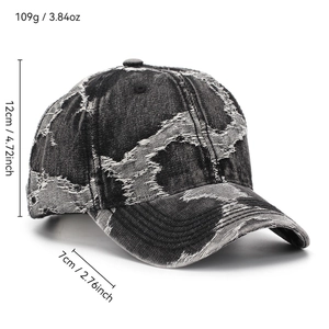 Casquette de baseball en jean noir délavé avec déchirures et mesures du produit
