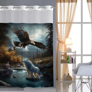 Waterproof polyester shower curtain featuring majestic eagle and wolf fantasy nature design
