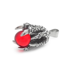 Vintage gothic stainless steel dragon claw pendant holding a vibrant red bead