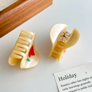 Small beige acetate hair claw clip set with elegant red rose pattern for half-up hairstyles