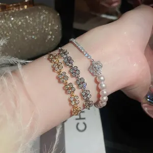 Elegant Flower Artificial Pearl Bracelet With Zircon Copper Adjustable Slider Clasp Fashion Jewelry For Women