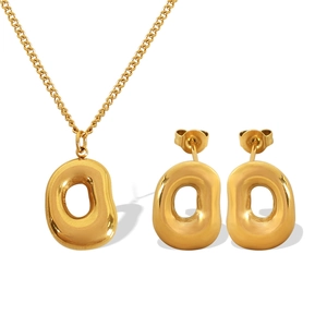 Irregular hollow O-shaped 18k gold plated titanium necklace and stud earrings jewelry set