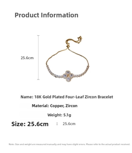 Detailansicht des 18K vergoldeten Kleeblatt-Zirkonia-Armbands mit Längenangaben von 25,6 cm