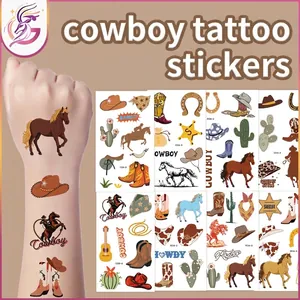 Western Cowboy Temporary Tattoo Stickers Sheriff Star Horse Hat Cartoon Waterproof Sweatproof Safe Non-Toxic Kids Boys