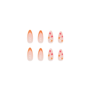 Faux ongles amande avec bouts french orange et motifs cœurs rouges sur base rose