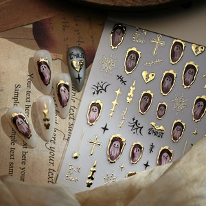 Baroque Halloween 5D embossed nail stickers with gold ghost and spider web designs