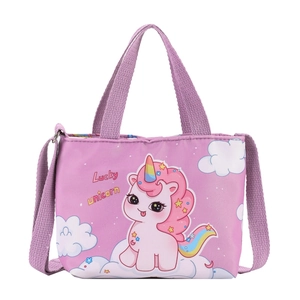 Pink cartoon unicorn kids shoulder bag with rainbow details and cross-body strap
