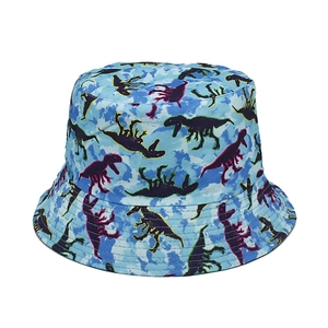 Reversible bucket hat for kids featuring blue camo print and colorful dinosaur patterns