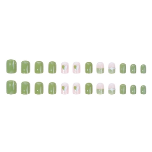 Short square press-on nails set in matcha green and pink with pearl flower designs
