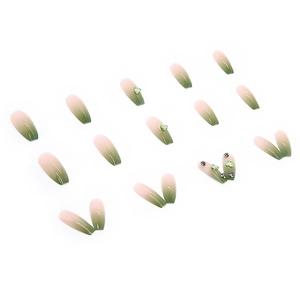 Pink and green gradient coffin press-on nails with heart rhinestones and silver glitter
