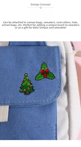 Detail of Christmas tree and holly leaf enamel pins on blue canvas bag background