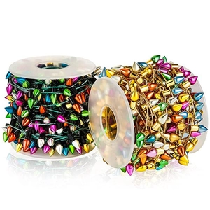 Colorful cone-shaped metallic Christmas bead string lights on two clear plastic spools