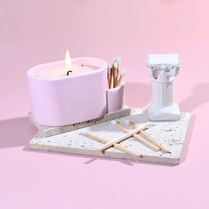 Detailed view of pink oval silicone candle holder mold with match storage compartment